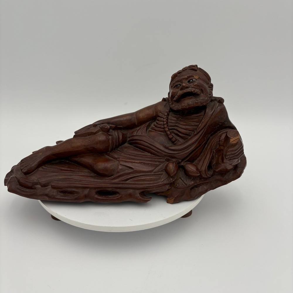 19th Century Chinese Root Art Carving Of Oni Buddha 11" Hardwood